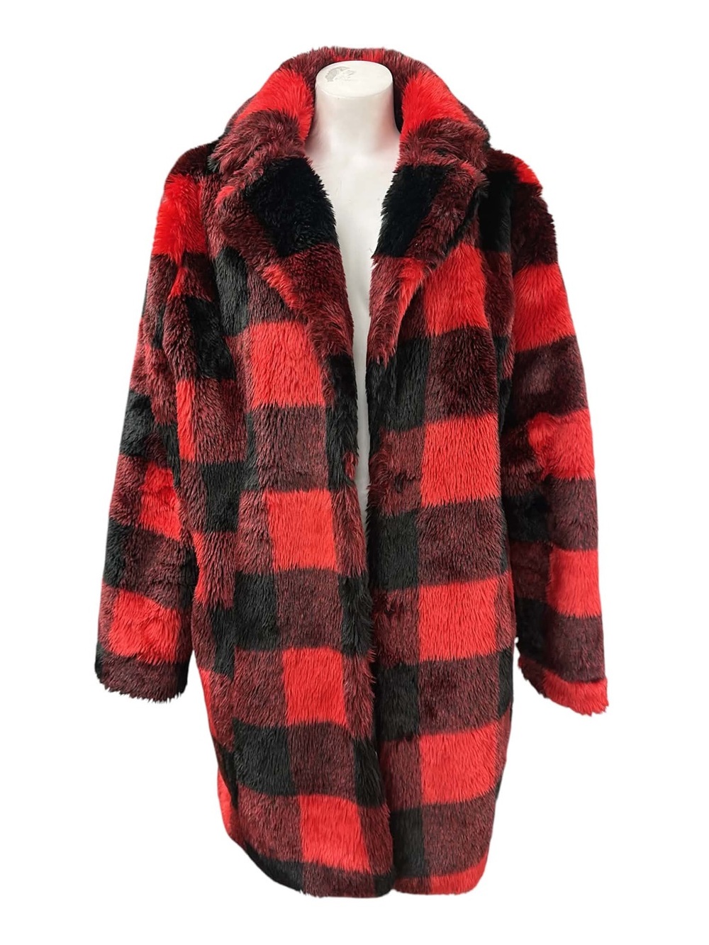 Cartise Long Red & Black Plaid Faux Fur Coat - Stylish Winter Jacket Size L